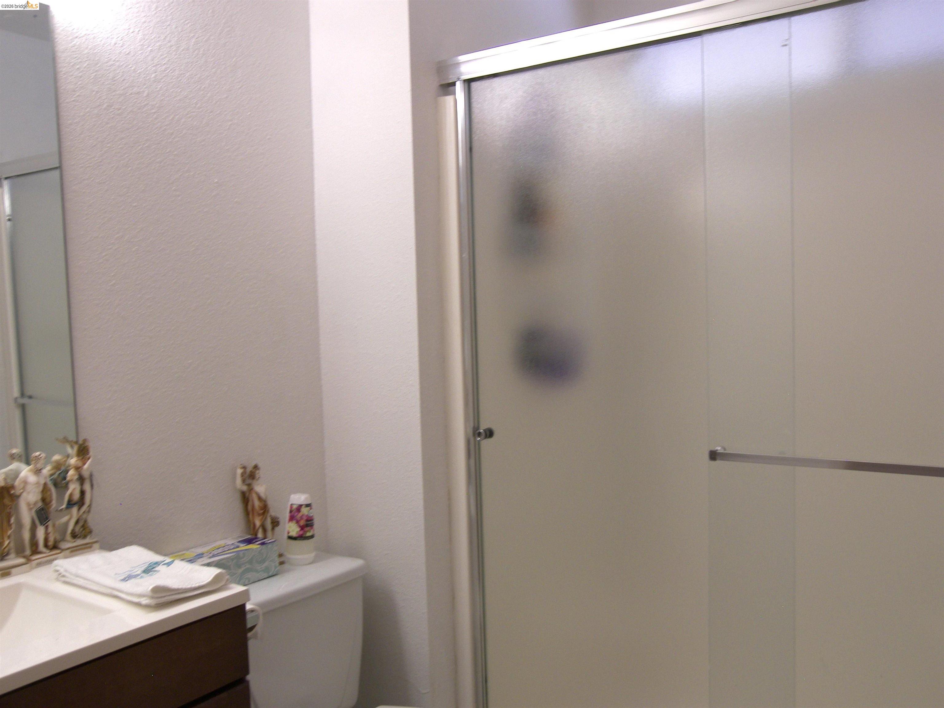19215 Ferretti Road Groveland, CA 95321 - Photo 21 of 40 Bathroom featuring a shower enclosure with frosted sliding doors, a vanity with a white countertop and wood-finish cabinetry, a mirror, and a toilet