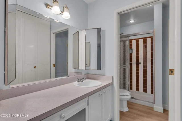 a bathroom with a sink a toilet and shower