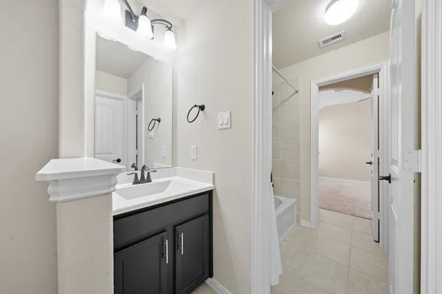 a bathroom with a sink a mirror and a shower