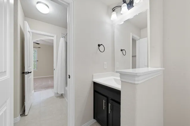 a bathroom with a sink vanity and a mirror