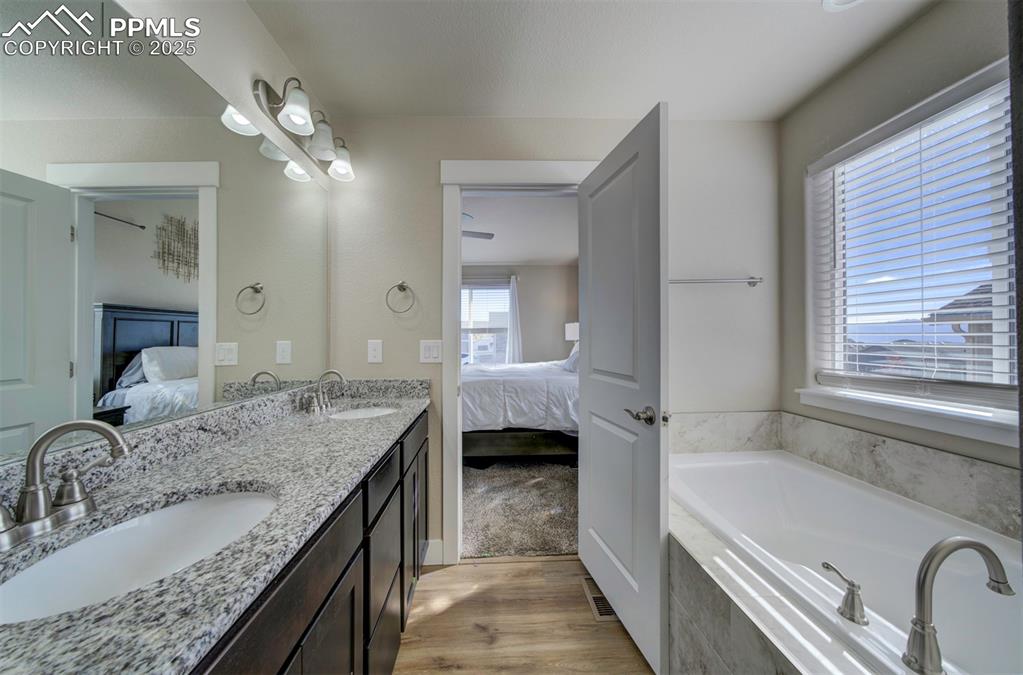 5489 Makalu Drive Colorado Springs, CO 80924 - Photo 30 of 47 a en suite bathroom with a granite countertop tub double vanity sink and a mirror