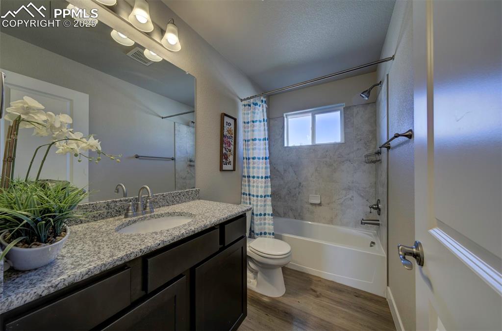 5489 Makalu Drive Colorado Springs, CO 80924 - Photo 9 of 47 a bathroom with a granite countertop sink a toilet and shower