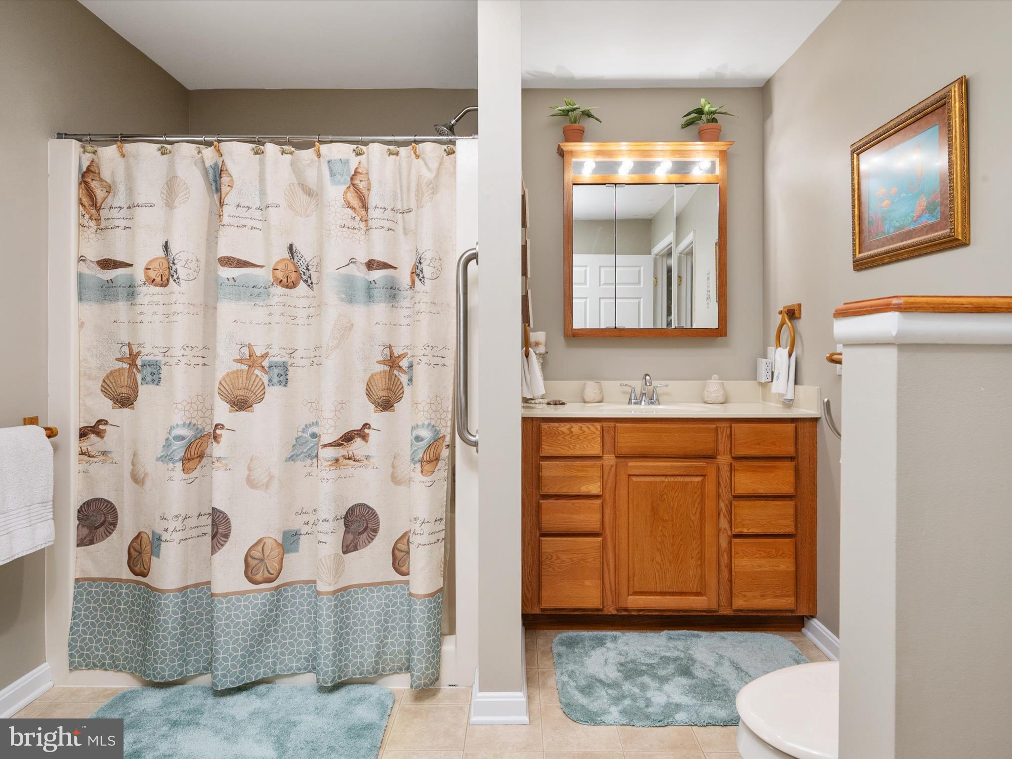 113 Radcliffe Road Grasonville, MD 21638 - Photo 19 of 30 a bathroom with a granite countertop sink a mirror and a shower