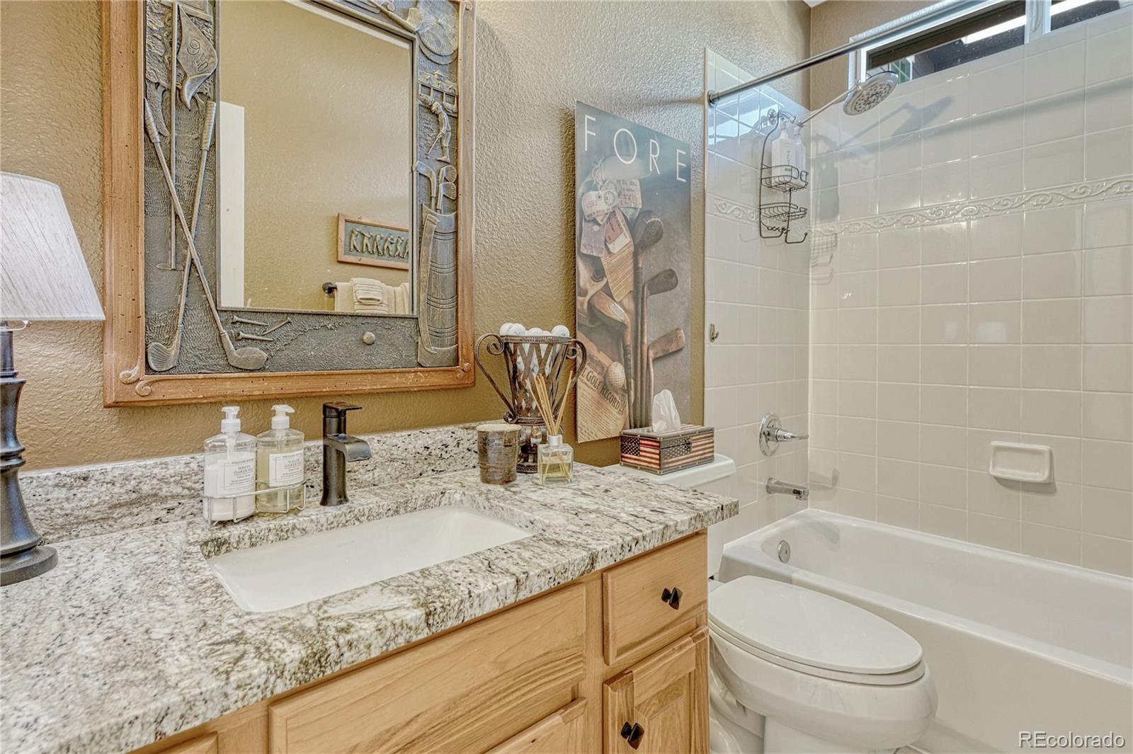 10761 Glengate Circle Highlands Ranch, CO 80130 - Photo 21 of 39 a bathroom with a granite countertop sink toilet and shower