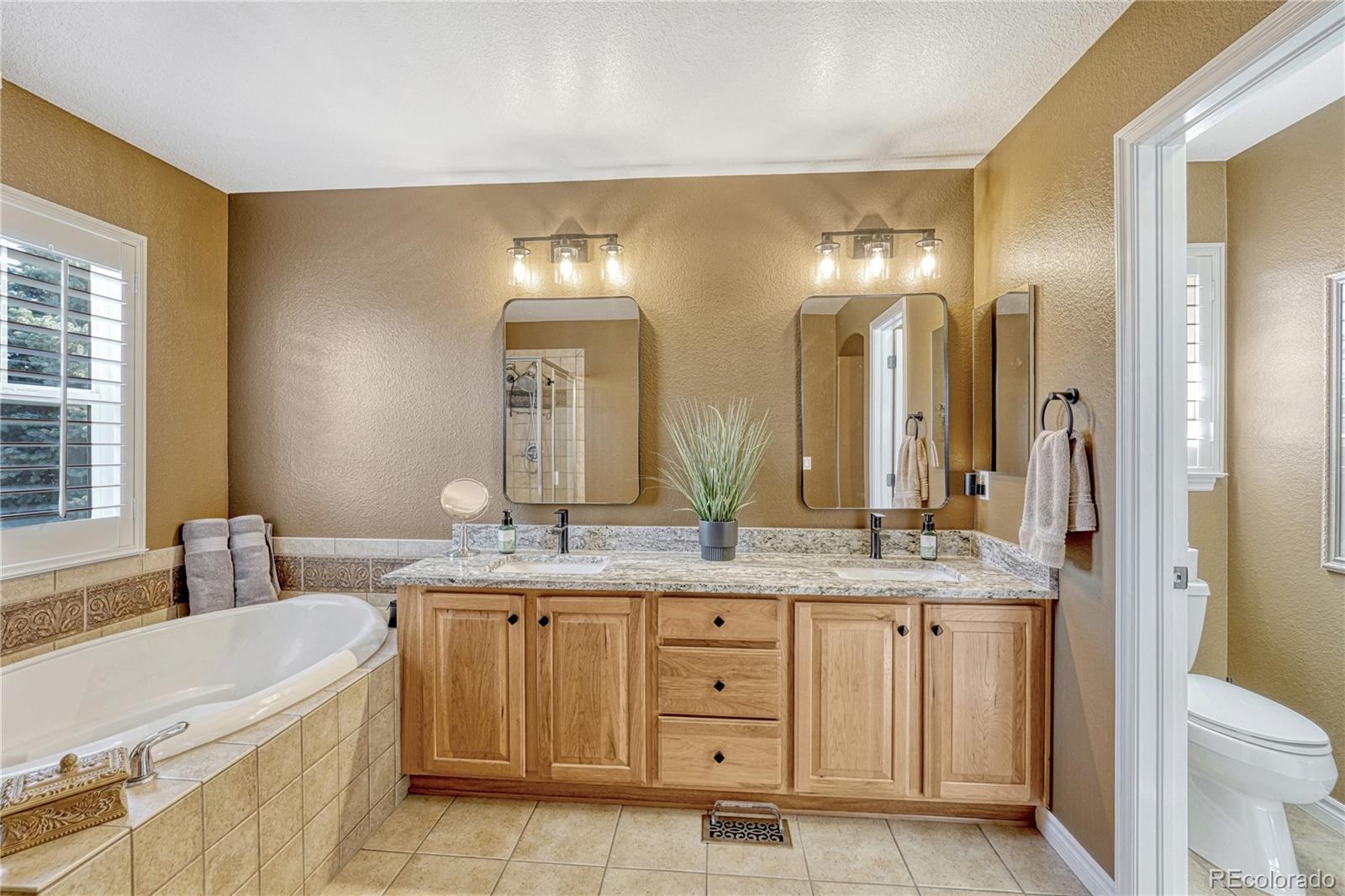 10761 Glengate Circle Highlands Ranch, CO 80130 - Photo 24 of 39 a bathroom with a granite countertop sink a toilet a large mirror and a bathtub