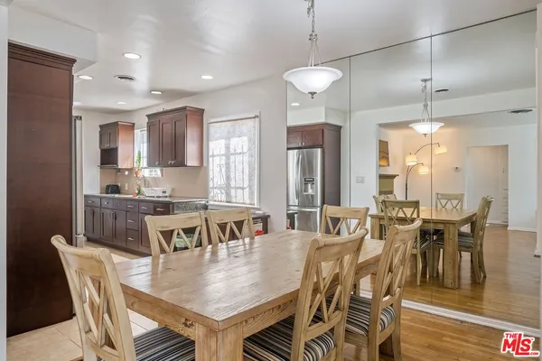 a view of a dining room with furniture