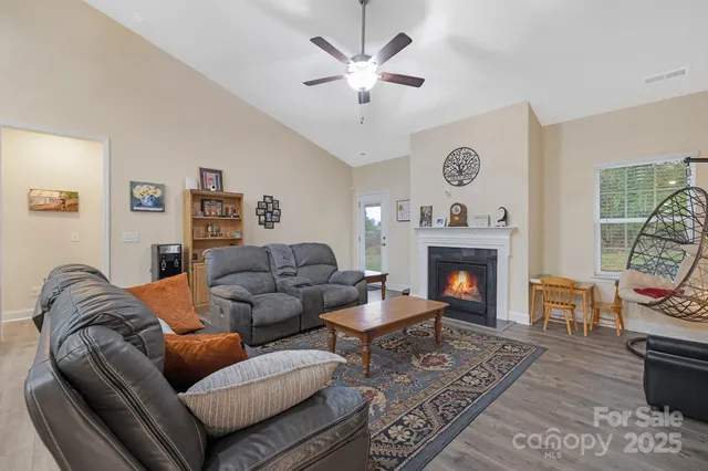 a living room with furniture a fireplace and a potted plant
