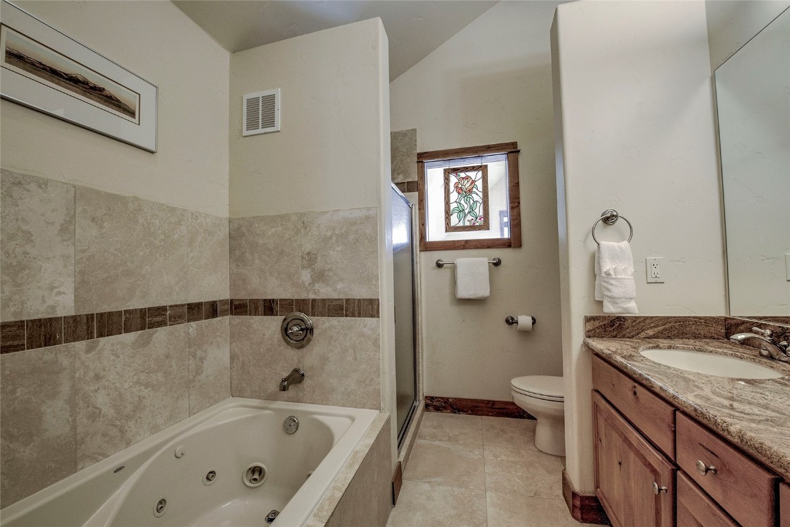 65 Antler Gulch Road, Unit 502 Keystone, CO 80435 - Photo 27 of 41 a bathroom with a granite countertop sink a toilet and shower