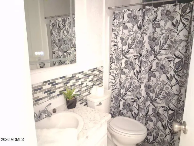 a bathroom with a toilet and a shower curtain