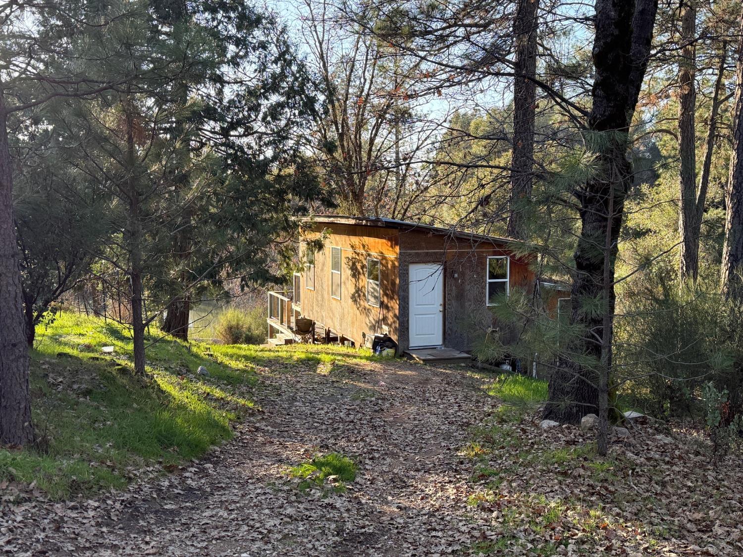 a view of a house with backyard and trees