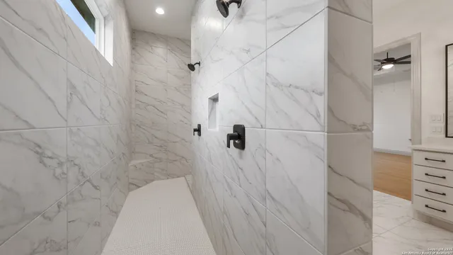 a bathroom with a bathtub