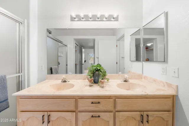 a bathroom with a double vanity sink mirror and shower