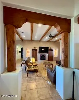 a view of a terrace with a mountain