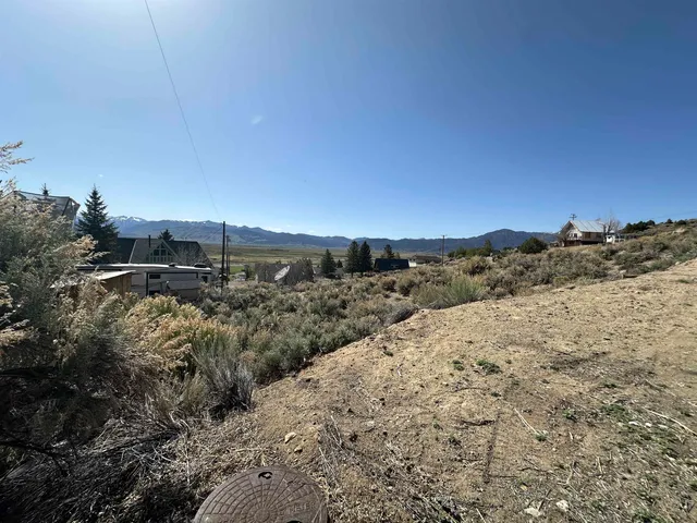 a view of a dry yard with wooden fence