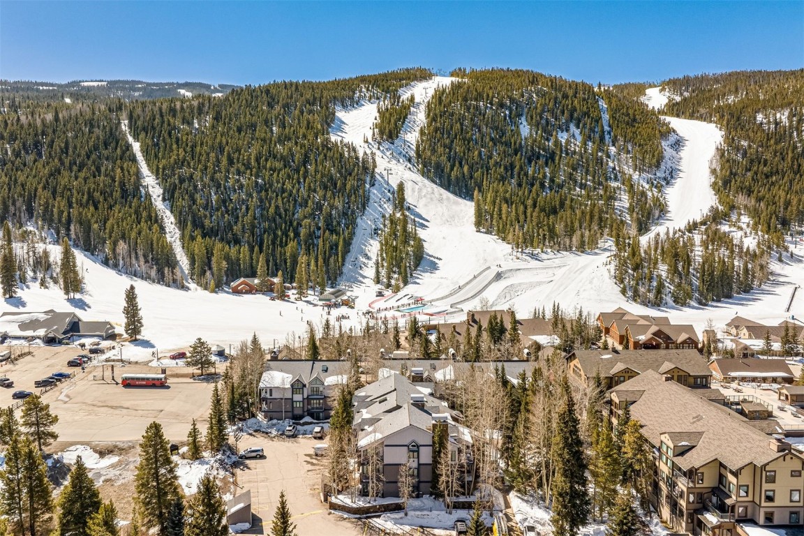 Snowy aerial view with a view of trees, a mountain view, and a residential view