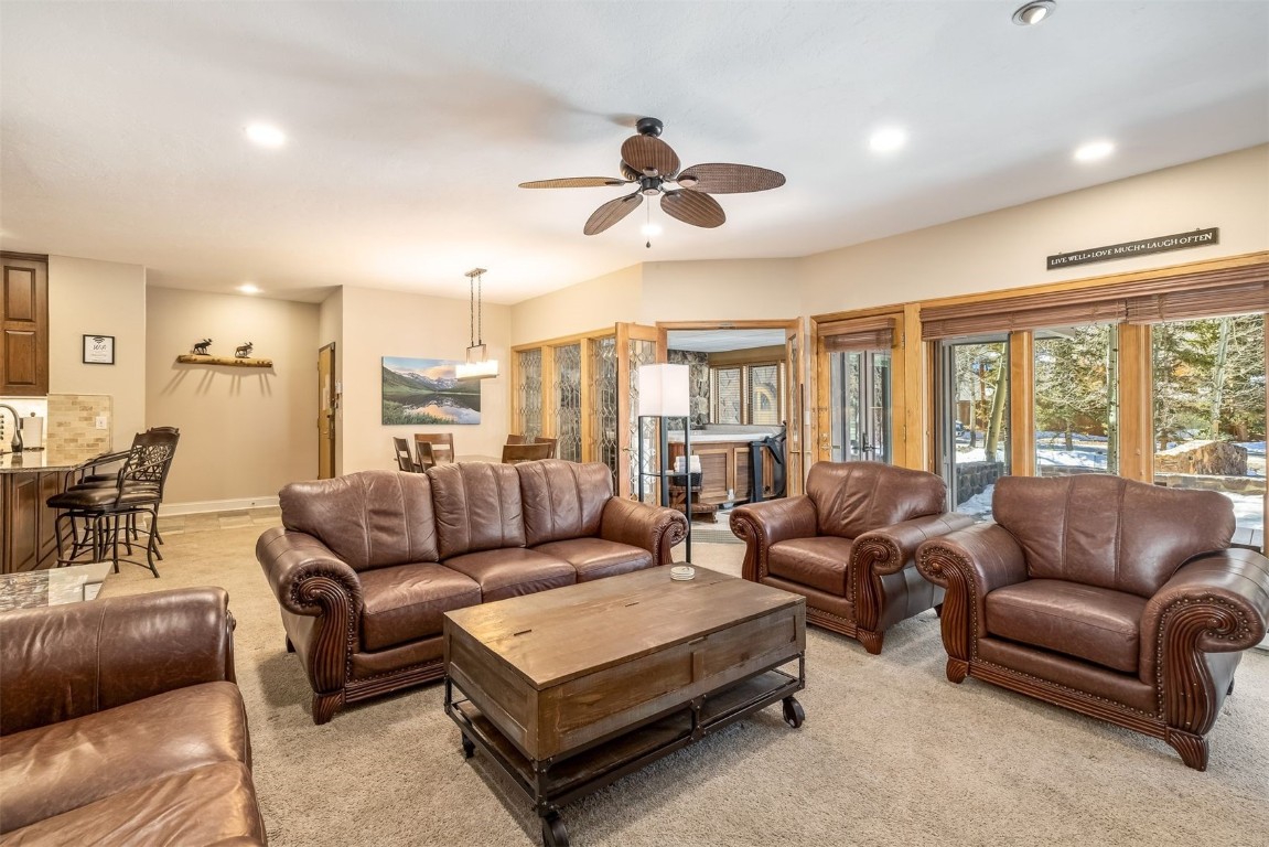 1203 West Keystone Road, Unit 2709 Keystone, CO 80435 - Photo 42 of 48 Living room with light carpet, recessed lighting, baseboards, and a ceiling fan