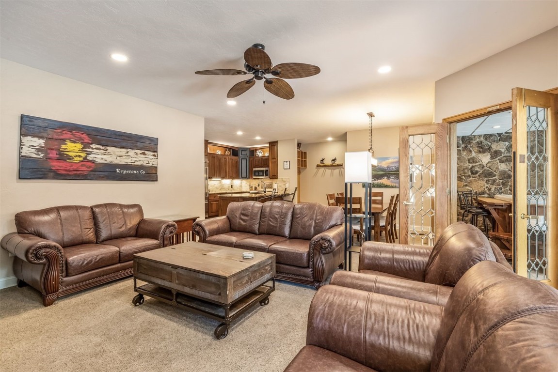 1203 West Keystone Road, Unit 2709 Keystone, CO 80435 - Photo 43 of 48 Living room featuring ceiling fan, recessed lighting, and light carpet