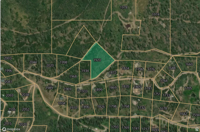 Aerial map of property and surrounding area featuring property parcel outlined