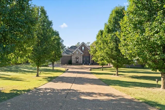 a view of swimming pool and trees in the background