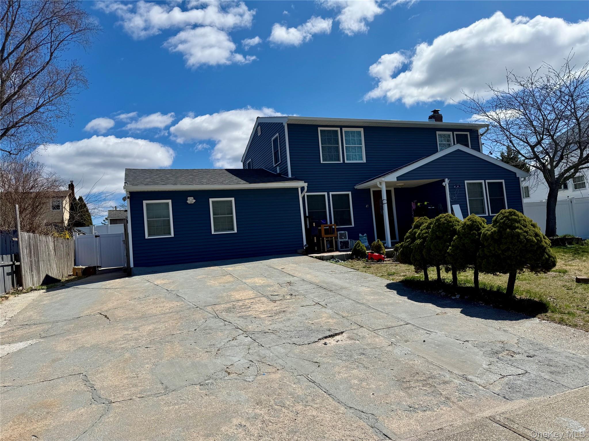 View of front of home featuring concrete driveway and a chimney