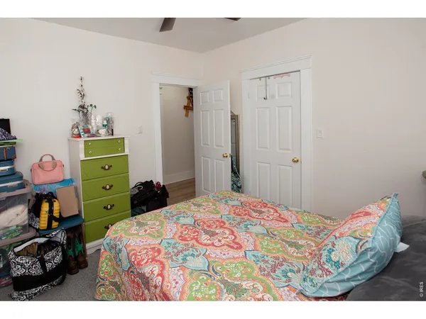 a bedroom with a bed and a closet