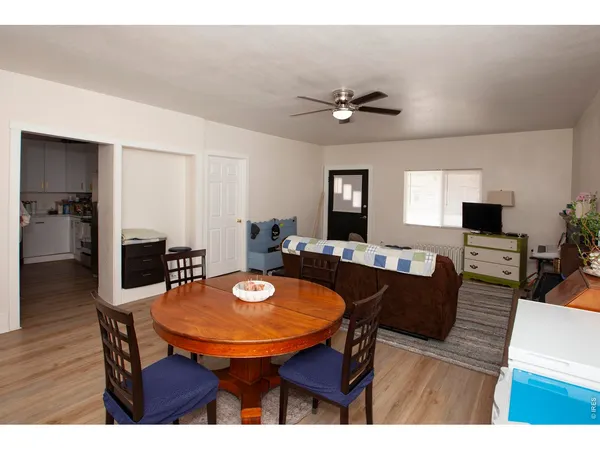 a view of a dining room with furniture