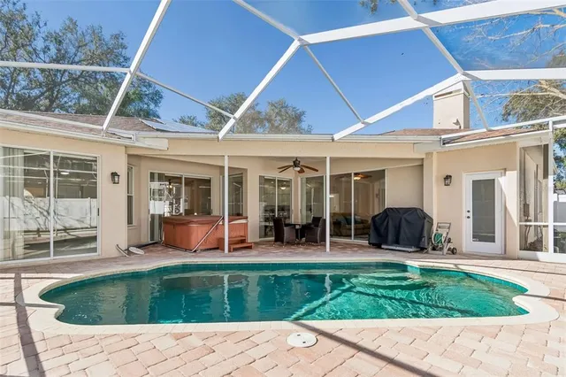 a view of a patio with a tree