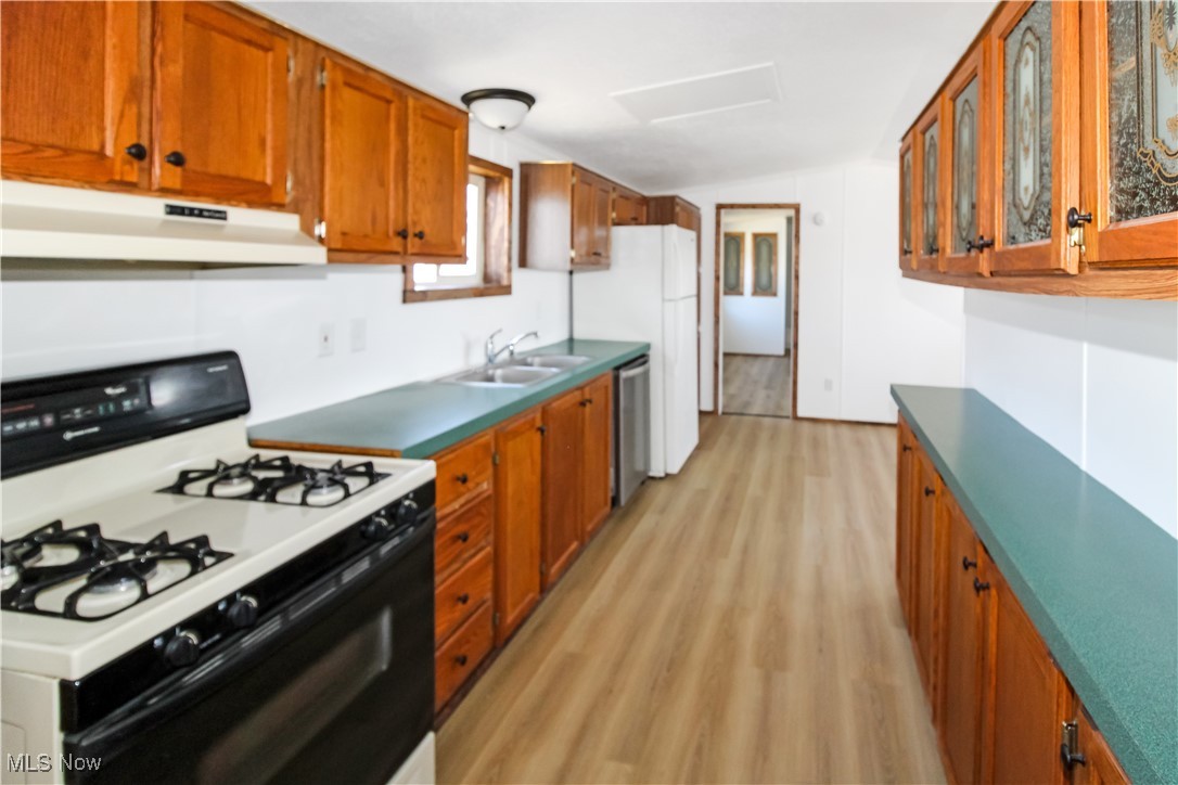 265 Meachem Road, Unit 41 Port Clinton, OH 43452 - Photo 20 of 33 Kitchen with light wood-type flooring, under cabinet range hood, stainless steel dishwasher, range with gas cooktop, and a sink