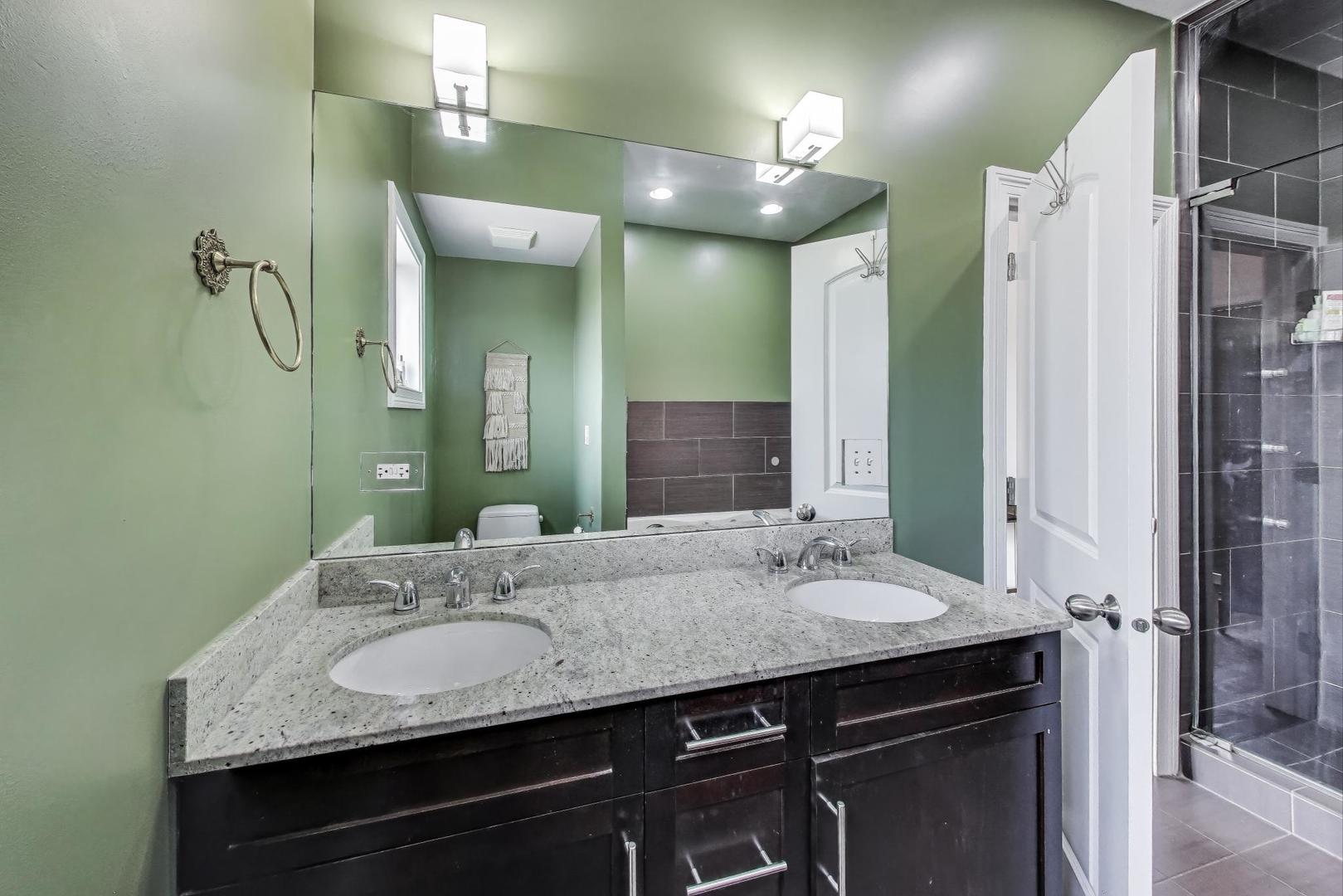 2120 West Rice Street, Unit 3 Chicago, IL 60622 - Photo 16 of 28 a bathroom with a granite countertop sink and a mirror