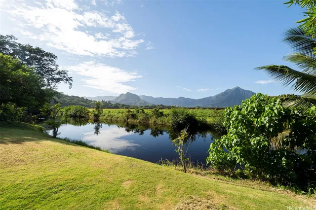 a view of a lake with a mountain in the background