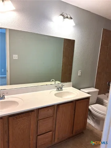 a bathroom with a sink a toilet and mirror