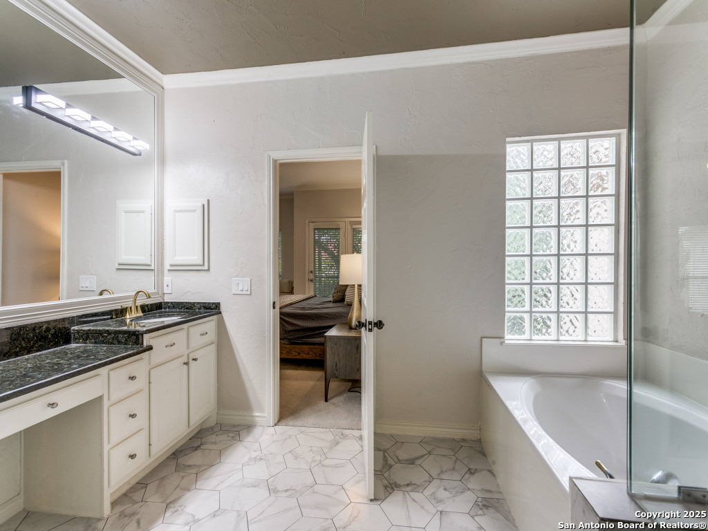 147 Elizabeth Road Alamo Heights, TX 78209 - Photo 20 of 25 a spacious bathroom with a granite countertop tub sink and mirror