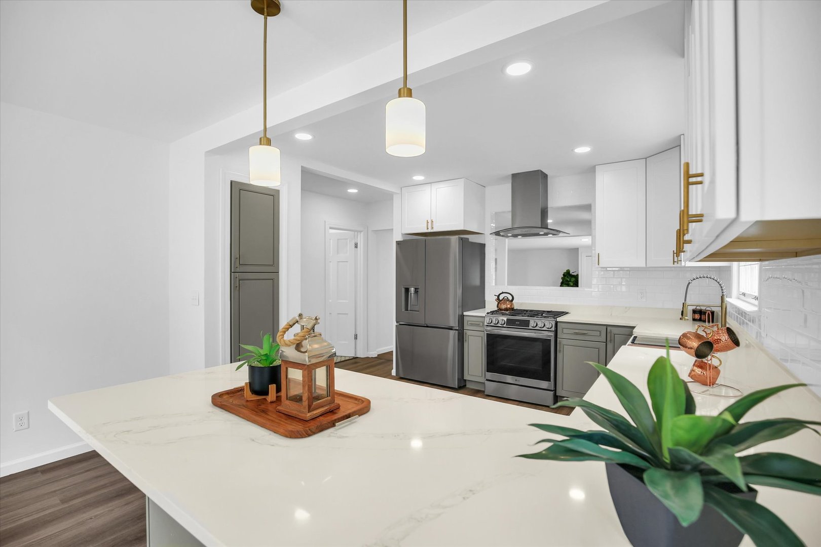 1212 West Healey Street Champaign, IL 61821 - Photo 17 of 63 a kitchen with stainless steel appliances a dining table chairs stove refrigerator and kitchen view