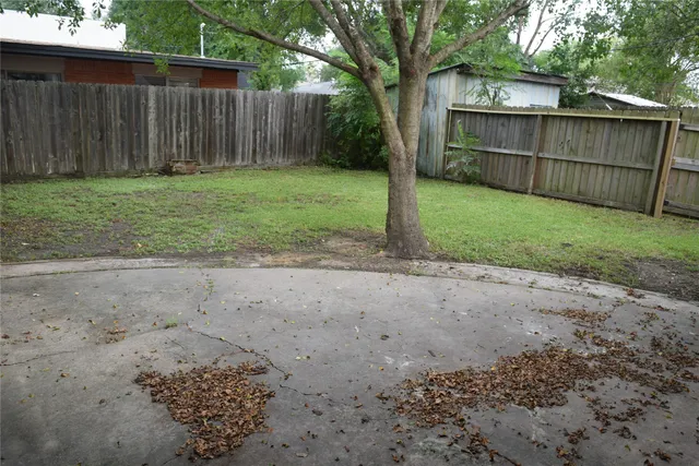 a view of a backyard with large trees and wooden fence