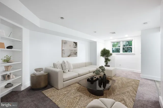 a living room with furniture and a potted plant