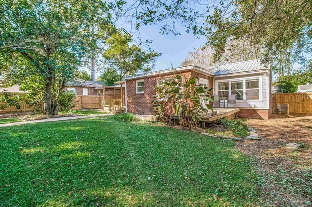 a view of a yard with plants and large trees
