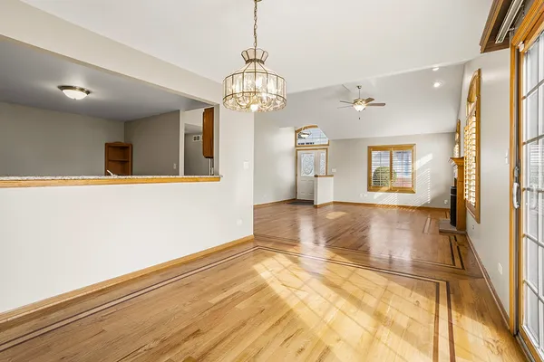 a view of a livingroom with a chandelier