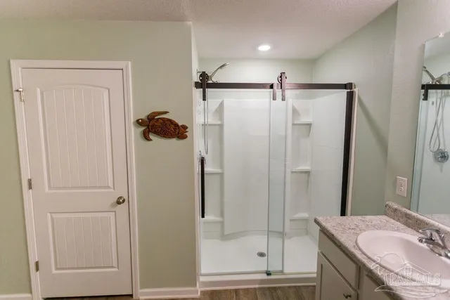 a bathroom with a shower and a sink
