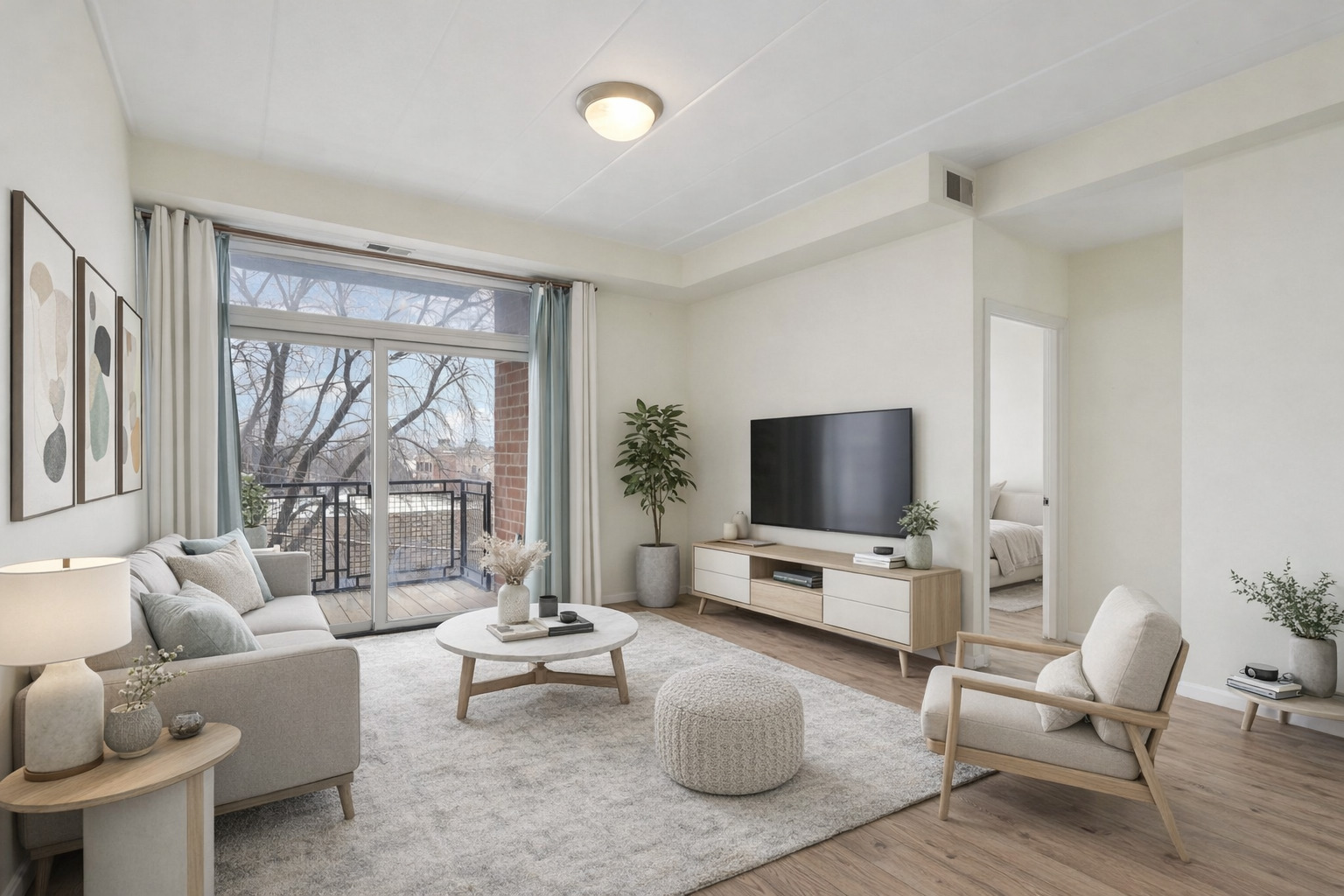 974 West 35th Place, Unit 302 Chicago, IL 60609 - Photo 2 of 22 a living room with furniture floor to ceiling window and a flat screen tv
