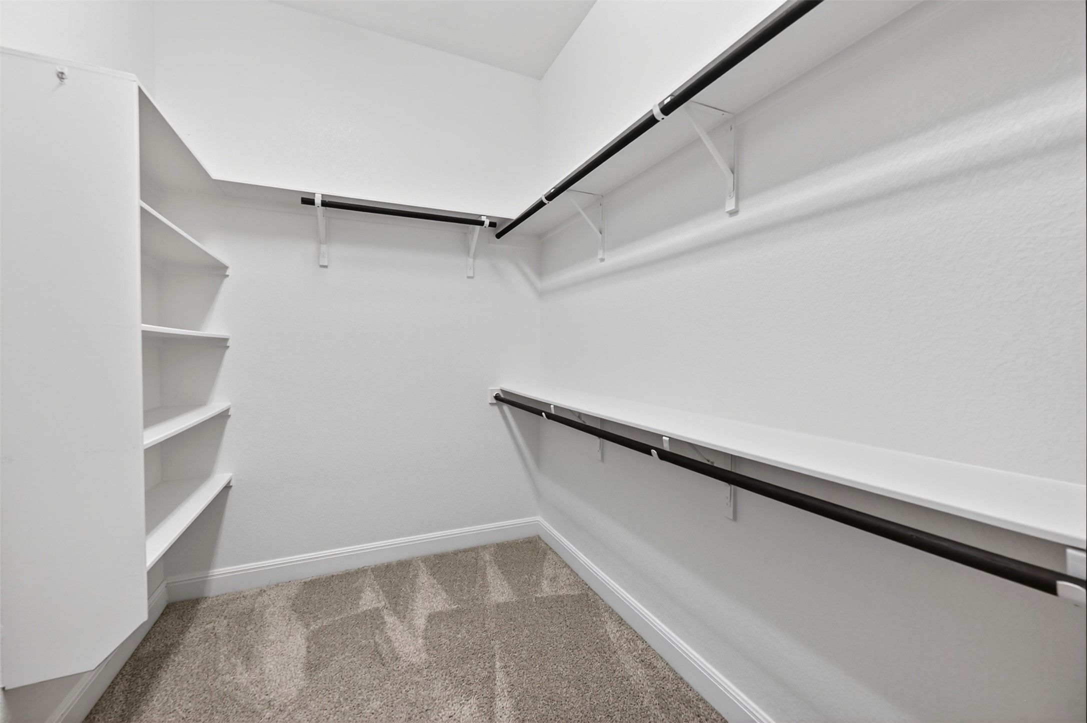 1201 Positano Pass Leander, TX 78641 - Photo 27 of 40 Spacious walk-in closet featuring white built-in shelving, multiple hanging rods, and light-toned carpet flooring