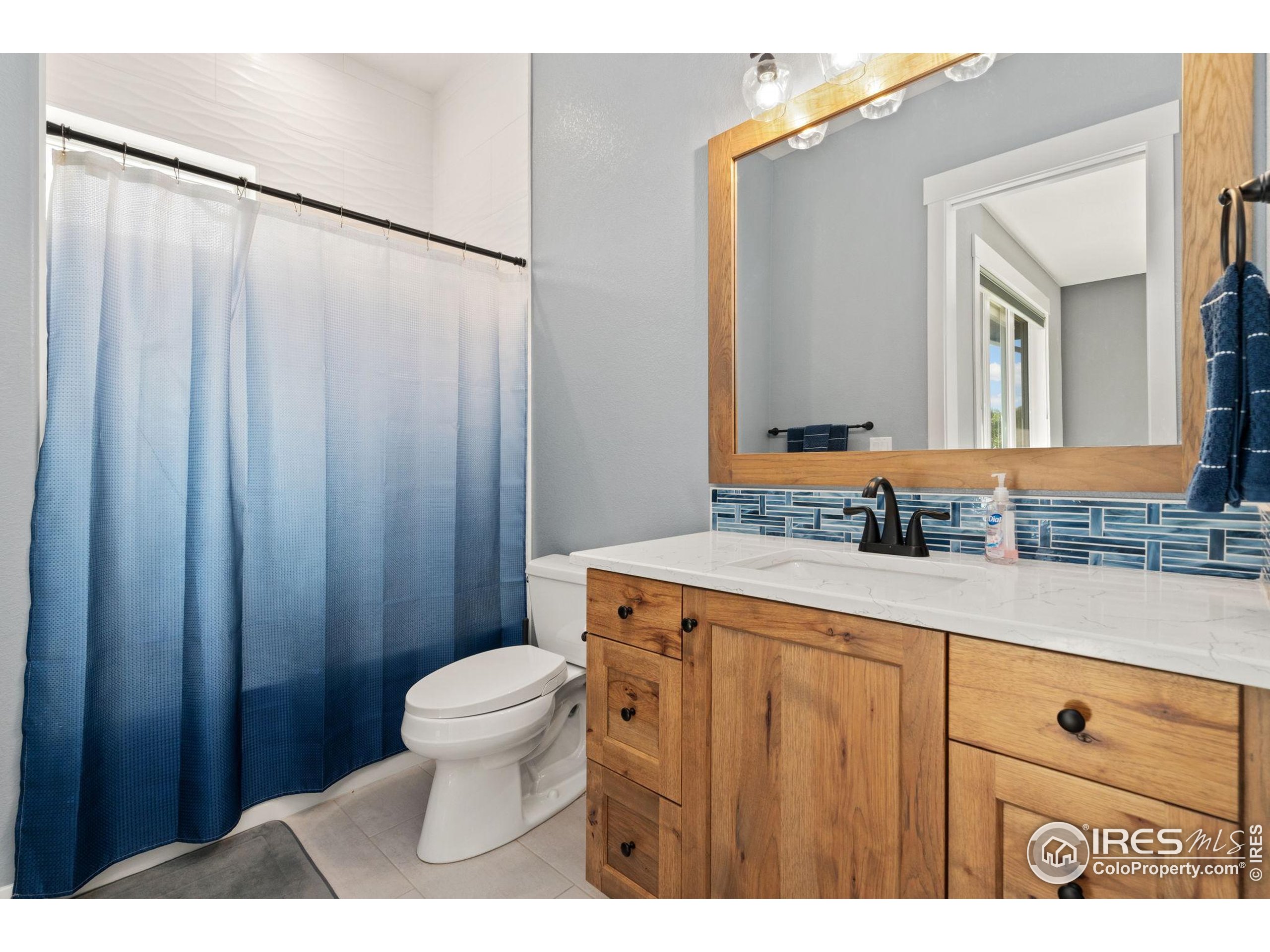 3324 Fox Crossing Place Loveland, CO 80537 - Photo 34 of 47 a bathroom with a sink a toilet a mirror and shower curtain