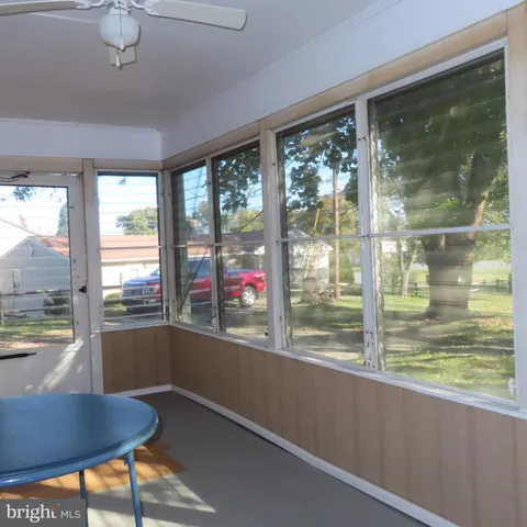 a kitchen with a large window