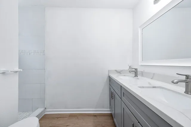 a bathroom with a sink and a mirror