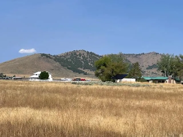 a view of a town with mountains in the background
