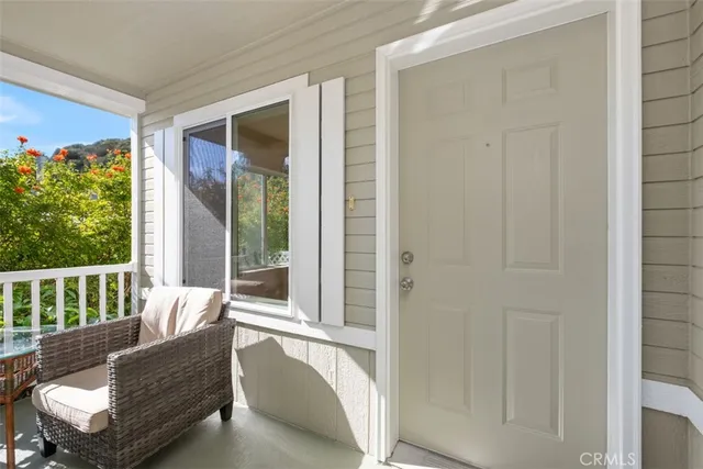 a balcony with furniture and a potted plant