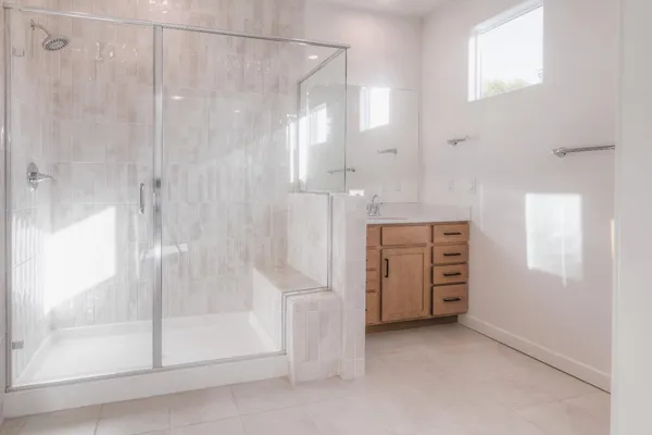 a view of a bathroom with a shower