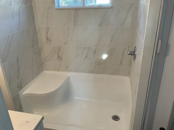 a bathroom with a bathtub