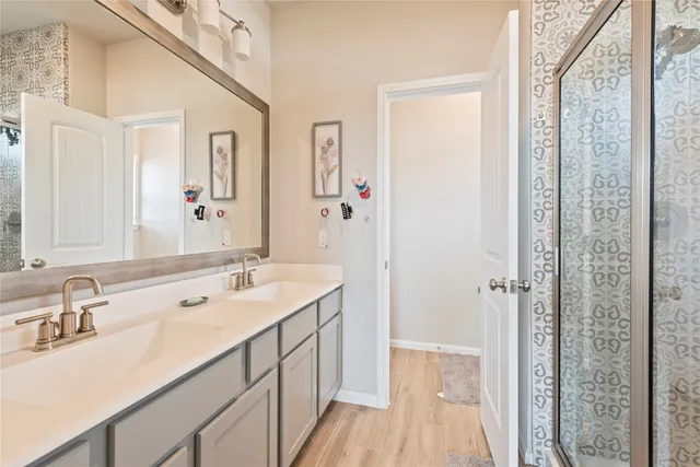 a bathroom with a sink a mirror and a shower