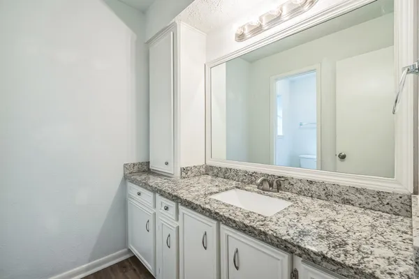 a bathroom with a granite countertop sink and a mirror