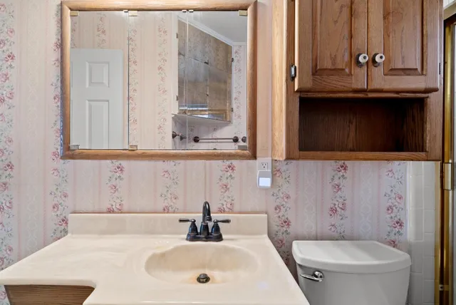 a bathroom with a sink a toilet and a mirror